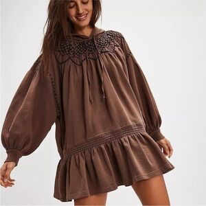 Free People Marty Smocked Hooded Puff Sleeve Mini Dress